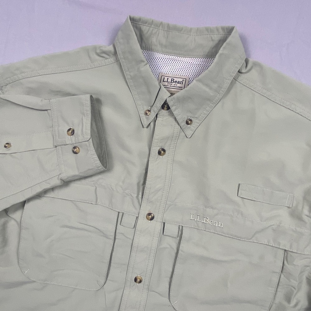 LL Bean Tropicwear Shirt Mens Large Tan Nylon Vented Fishing Hiking Outdoor